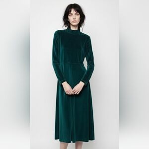 Vintage Erika Dress Maxi Velvet Green Mock Neck Goth Grunge Retro Minimalist M